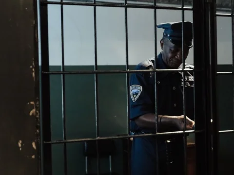 Security officer standing behind a gated door